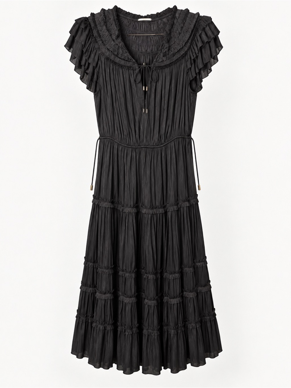 Elie Tahari Black Pleated Ruffle Midi Dress Size S Tiered Drawstring Waist